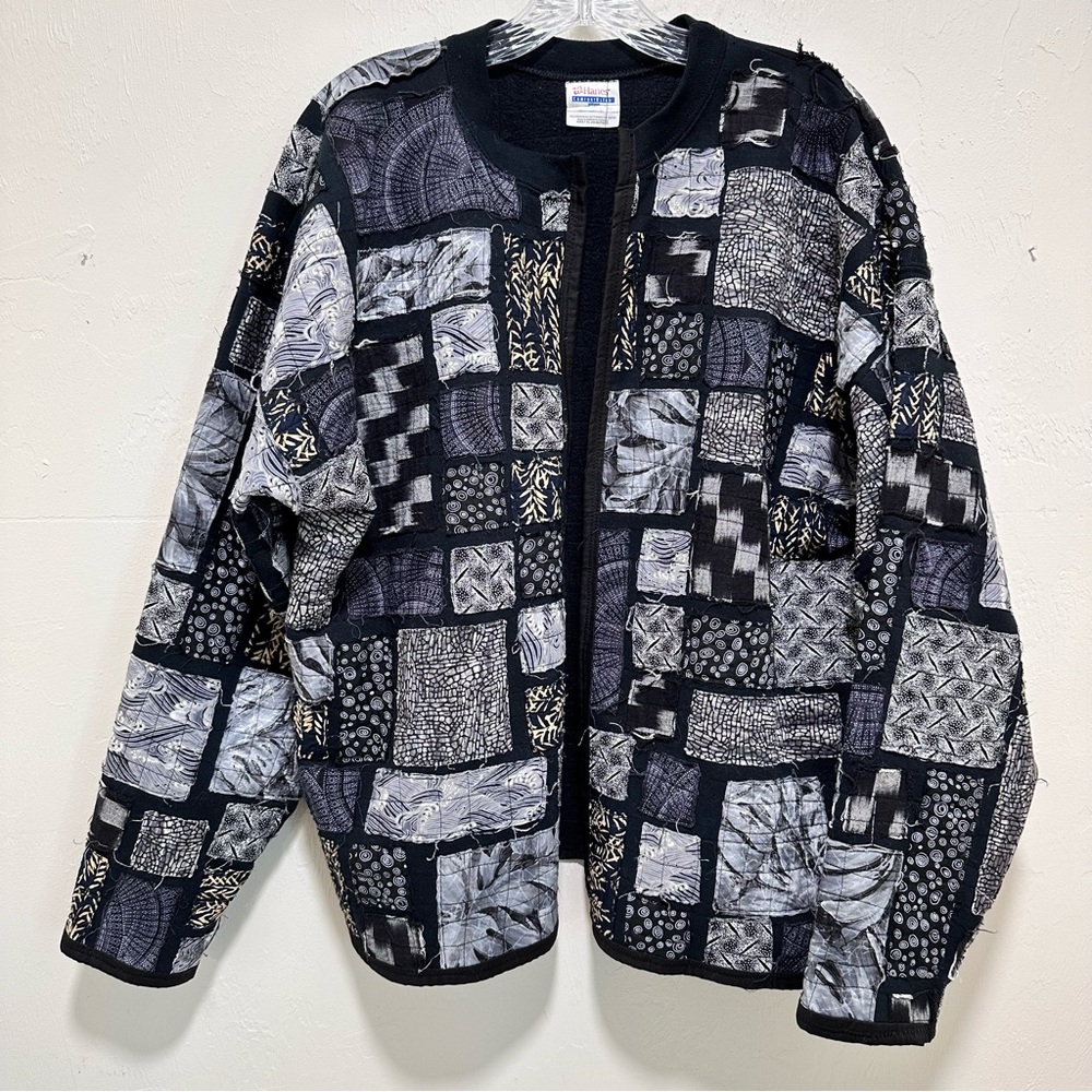 Handmade patchwork shades of gray upcycled jacket stitched & frayed fleece XL